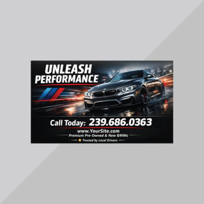 Performance car magnet with sports vehicle design and bold advertising layout