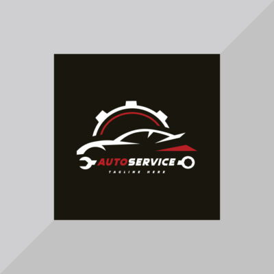 Aluminum business sign featuring auto service logo on black background