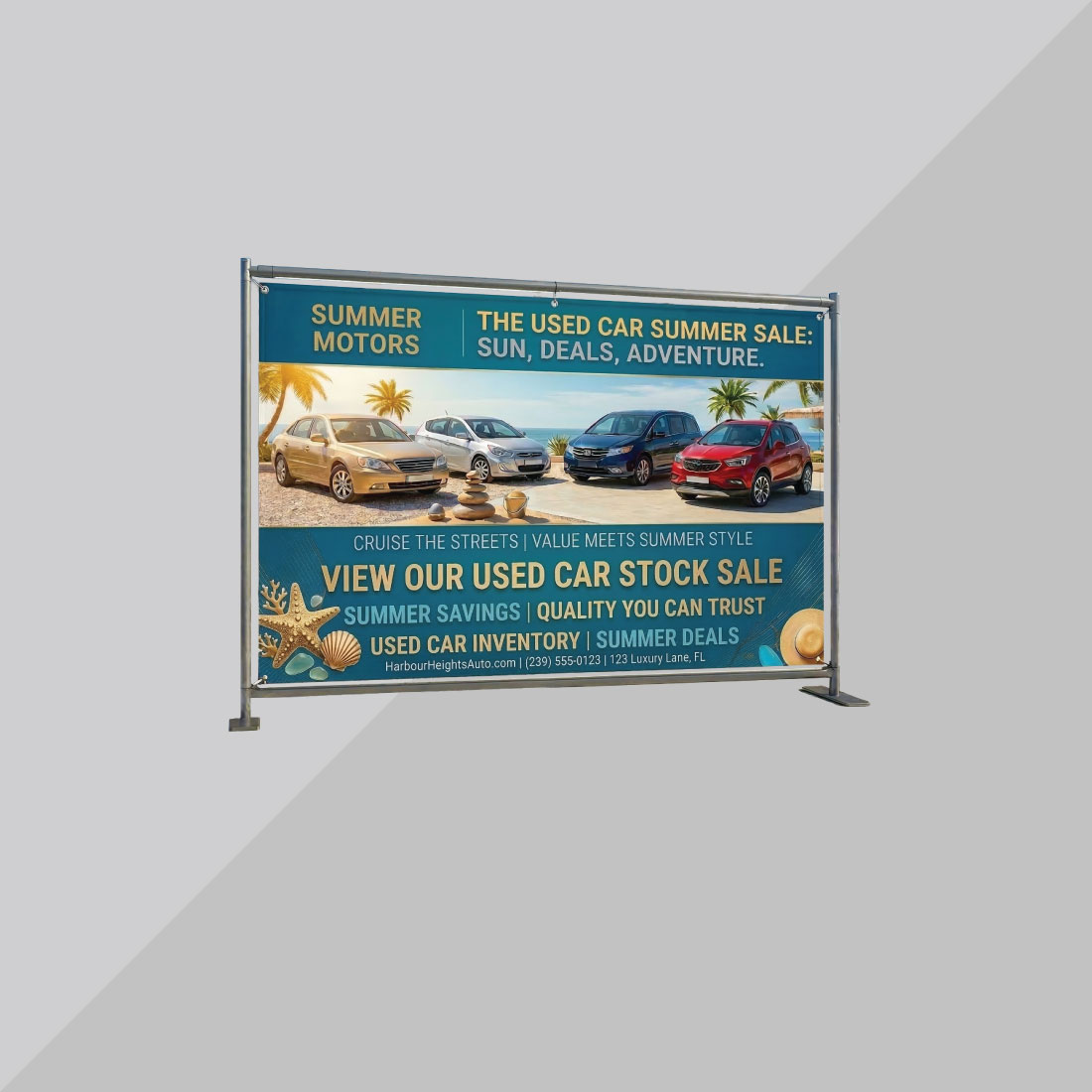 Promote used car inventory with bold, high-visibility outdoor banners.
Promote used car inventory with bold, high-visibility outdoor banners.