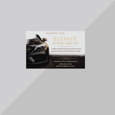 Luxury dealership postcard design for automotive service promotion by Alpha Commercial Cards.