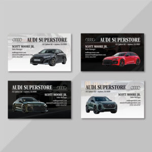 Audi business cards assortment with luxury dealership layouts and vehicle imagery