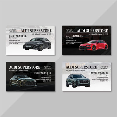 Audi business cards assortment with luxury dealership layouts and vehicle imagery